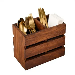 Wooden Cutlery <b>Holder</b> for <b>Kitchen</b> Countertop Sheesham Wood <b>Utensil</b> Organizer Rustic Flatware Caddy 2 Compartment Spoon Fork etc - Product Image 1