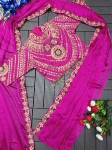 Sari de seda Rangoli con bordado de diseñador, listo para usar, con lentejuelas bordadas y blusa Banglory completamente cosida a mano. - Product Image 5