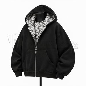 Custom <b>Black</b> <b>Zip</b> <b>Up</b> <b>Hoodie</b> Men Oversized Streetwear <b>Hoodie</b> Lining OEM ODM Wholesale Manufacturer Supplier - Product Image 3