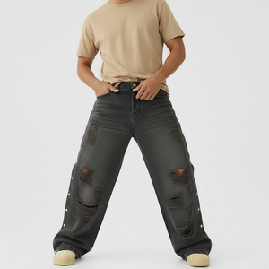 กางเกงยีนส์ผู้ชายทรงสลิมฟิตแบบวินเทจ OEM ล้างสีแล้ว แต่งลายปักด้านข้าง กระดุมข้าง สไตล์ฮิปฮอป สำหรับฤดูหนาว ผ้าเดนิมยืดได้  แบบเรียบ  สามารถปรับแต่งได้ - Product Image 1