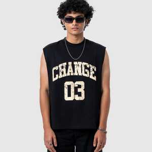 Men's Casual Sleeveless Distressed Varsity Print Muscle <b>Tank</b> <b>Top</b> Crew Neck 100g Gym Fitness Wear <b>Knitted</b> Fabric Custom OEM ODM - Product Image 3