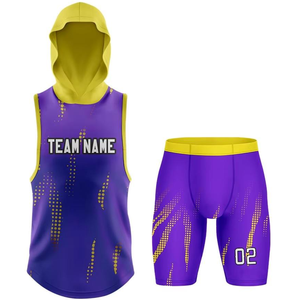 Custom Purple Yellow Basketball Jersey Set Hooded Tank Top Shorts Sublimated Moisture Wicking Unisex Adult Athletic Wear - Product Image 1