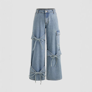 Bow Tie Wide Leg <b>Jeans</b> Mid Waist Baggy Denim Pants Vintage Wash Casual Eco-Friendly Women Cargo Ultra-Soft Breathable - Product Image 1