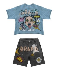 Ensemble t-shirt et short surdimensionné en coton peigné 240 GSM, bleu ciel, effet cloud wash, impression DTG brodée, personnalisé, 2 pièces - Product Image 6