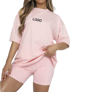 Conjunto de 2 Piezas para Mujer, Shorts y Camiseta de Punto Rosa, Cuello Redondo, Corte Holgado, Estilo Casual de Verano, Transpirable, Color Sólido - Product Image 1