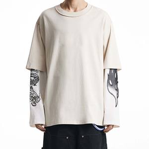 เสื้อยืดแขนยาวทรงโอเวอร์ไซส์ผู้ชายแบบสองชั้น แขนเสื้อแบบแร็กแลน ผ้าถักเนื้อหนัก 100% ผ้าฝ้าย - Product Image 1