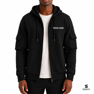 Sweat-shirt à capuche zippé noir pour homme, coupe classique, couleur unie, doublure polaire 100% coton, décontracté, hiver, avec poches, motif thermocollé - Product Image 1