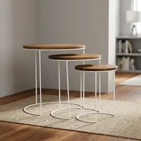 Ensemble de 3 tables d'appoint rondes modernes avec plateau en bois et structure en métal blanc pour le salon