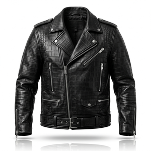Veste en cuir de vachette véritable de luxe, motif croco noir, prête à être expédiée, pour homme, pour un usage décontracté - Product Image 1