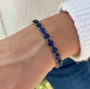 Radiant Cut Oval Cut Lab Grown Blue Sapphire Charm <b>Bracelet</b> 925 Sterling Silver Gold Plated Luxury Elegant Gemstone Jewelry - Product Image 1