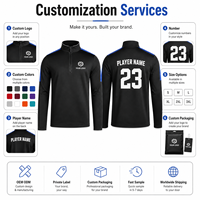 Kaos Latihan Lengan Panjang Kerah V Custom Quarter-Zip, Panel Bahu Biru, Cepat Kering, Menyerap Keringat, untuk Tim