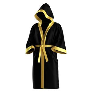 Wholesale Cheap Price Black Satin Hooded Robe with Gold Trim Polyester Comfortable Wear for Boxing Ring Walk or MMA Events OEM - Product Image 1
