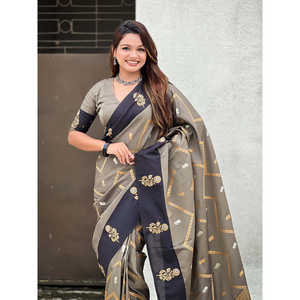 Dusty Concept Grey Soft Silk Zig Zag Zari Woven Saree Elegant <b>Party</b> <b>Jumpsuit</b> - Product Image 2