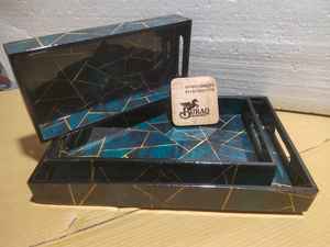 Set of Three Handcrafted Wooden MDF Serving Trays with Golden <b>Foil</b> Premium Quality Single Tier for Home <b>Kitchen</b> Living Room - Product Image 3