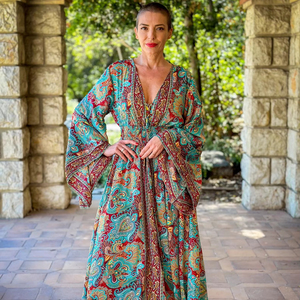 Robe longue bohème vintage à fleurs, élégante, col en V, manches évasées, robe maxi imprimée en soie - Product Image 1