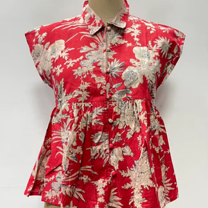 Camiseta sin mangas de algodón estampada a mano para mujer, estilo japonés, con botones frontales, diseño floral, ecológica, regalo para ella - Product Image 1