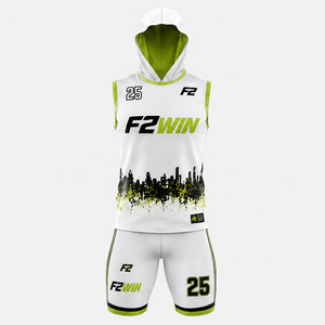 Ensemble de maillots de basket-ball à capuche F2WIN, blanc et vert, impression sublimée, évacuation de l'humidité, vêtements de sport unisexes pour adultes, prix de gros - Product Image 1