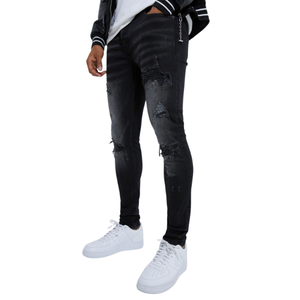 Jean en denim noir déchiré et délavé coupe droite pour homme, style décontracté automne, en coton respirant - Product Image 1
