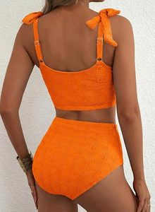Women's Orange Textured Bikini Set Scoop Neck High Waist Two Piece Swimwear With Ruffle Straps Stretch Spandex Polyester - Product Image 5