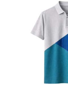 Polo à col zippé pour homme, gris clair, bleu et vert sarcelle, manches courtes, color block, tricoté, décontracté, personnalisable, pour l'été - Product Image 2