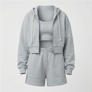 Conjunto de 2 piezas de sudadera con capucha y pantalones cortos de forro polar para mujer, color liso, ajuste holgado, ropa deportiva informal, por encima de la rodilla, con cremallera frontal, gris - Product Image 1