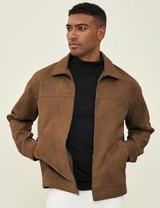 <b>Men's</b> Brown <b>Suede</b> Leather <b>Jacket</b> Turn-down Collar Zipper Closure Casual Autumn Wear Regular Length Solid Color - Product Image 2