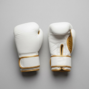 Guantes de Boxeo Profesionales de Cuero Genuino Blanco y Dorado de 14oz con Logotipo Personalizado OEM, Venta al Por Mayor, Equipo de Combate y Sparring - Product Image 1