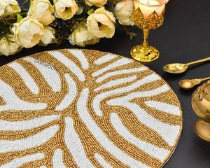 Handmade <b>Beaded</b> <b>Placemat</b> Charger White Gold Serengeti Pattern Eco-Friendly Polyester/Cotton Home Decor Table Mat Centrepiece - Product Image 2