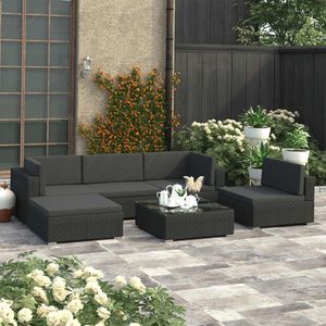 Set da salotto in 6 pezzi in Poly Rattan nero con cuscini per uso giardino - Product Image 1