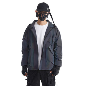 <b>Men's</b> Hooded Reflective Windbreaker <b>Jacket</b> Gradient Color PU Coated Streetwear Zipper Closure <b>Lightweight</b> Autumn Wear - Product Image 3