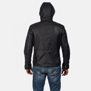 Blouson moto pour homme en cuir véritable noir, à capuche, fermeture éclair sur le devant, coupe classique, pour l'hiver, col montant, imperméable et coupe-vent - Product Image 3