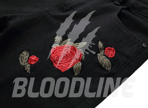 Jean en denim noir coupe droite pour homme BLOODLINE, décontracté, taille mi-haute, en coton, broderie florale, style automne - Product Image 3