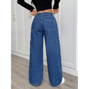 Vaqueros de mezclilla para mujer, estilo moderno y atrevido, azul piedra, multibolsillos, 100% algodón, ecológicos, transpirables, de cintura alta, estilo vintage, a la moda - Product Image 3