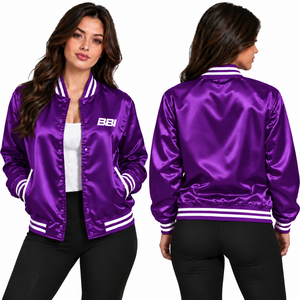 Veste universitaire personnalisée en satin pour femme, imperméable, à bouton unique, col montant, violet royal brillant, vente en gros, OEM, usine en gros - Product Image 1