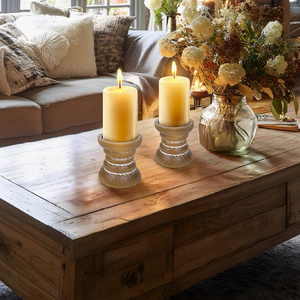 Wood <b>Candle</b> Holder <b>Set</b> of 2 Rustic Round Pillar <b>Candle</b> Stand for Home Decoration Natural Timber Finish - Product Image 6
