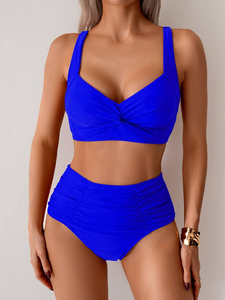 2026 Cross-border New Style European American Women's High-waisted 2-Piece Off-the-Shoulder Solid Breathable Stretch <b>Bikini</b> - Product Image 6