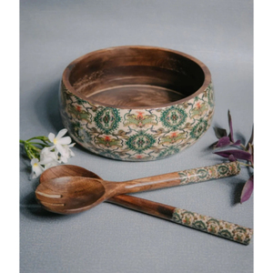 Ensemble de saladier et de service en bois de manguier artisanal, grand saladier en bois rayé rose pour fruits, pâtes et salades - Product Image 6