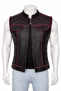 Chaleco de Motociclista para Hombre, de Cuero Genuino Ecológico, con Patrón a Cuadros Acolchado, Costuras Negras y Rosas, Cierre de Cremallera, Sin Cuello - Product Image 2