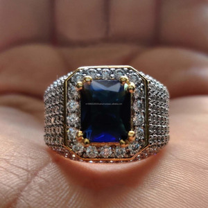 Emerald Cut Blue Sapphire Gemstone <b>Ring</b> 925 <b>Sterling</b> <b>Silver</b> Wedding <b>Ring</b> Big <b>Mens</b> Iced Out <b>Ring</b> Hip Hop Style Statement Jewelry - Product Image 1