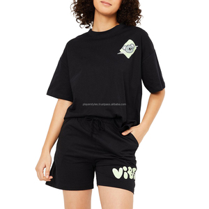 Conjunto de 2 Piezas para Mujer, Top Corto Negro con Estampado de Dibujos Animados, Pantalones Cortos a Juego, Estilo Holgado Informal para Verano - Product Image 1