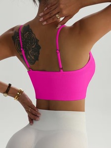 Soutien-gorge de sport ajustable à bretelles fines, rembourré, col en V, côtelé, bande de compression, haute élasticité, débardeur de fitness quotidien - Product Image 5
