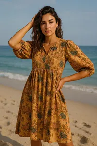 Bohemian Floral Print Brown Cotton Midi <b>Dress</b> With Puff Sleeve V-Neck <b>Loose</b> Fit A-Line Casual Summer <b>Dress</b> For Women - Product Image 4