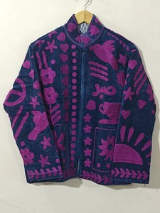 Custom <b>Navy</b> Blue Velvet Hand Embroidered Elephant Floral <b>Jacket</b> <b>Women</b> Suzani Crewel Embroidery Bomber Coat Outerwear Suzani - Product Image 3