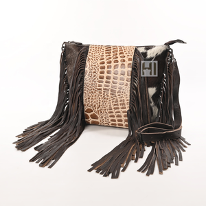 Sac bandoulière en cuir de vache véritable et cuir d'alligator, sac à franges pour femmes de style western - Product Image 2