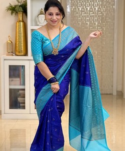 Sari de Seda Azul con Borde Azul, Prenda Tradicional para Mujer, Largo hasta el Suelo, Sin Arrugas, Estilo Regular de India y Pakistán 85169 TWT 1095 - Product Image 3
