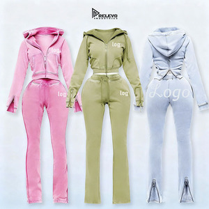 Custom Womens Winter Hoodie Sweatpants Set High Quality Zip-Up <b>Skinny</b> Fit Elastic Waist Crop Top Tracksuit 2-Piece Outfit - Product Image 1