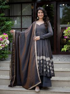 Heavy Vichitra <b>Silk</b> Sequence Embroidery Anarkali Suit Set With Stitched <b>Palazzo</b> And Matching Dupatta For Party Wear Women - Product Image 4