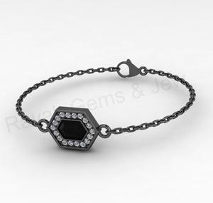 Top Selling 18K Gold Plated Natural Black Onyx CZ 925 <b>Silver</b> Hexagon Honeycomb Design Link Chain <b>Bracelet</b> Fine Jewelry Gift - Product Image 2