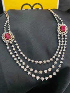 14K Rose White Gold Lab Grown <b>Ruby</b> Multi Strand <b>Necklace</b> | IGI Certified Rhodium Plated Luxury 3-Layer Red <b>Ruby</b> Halo Wedding - Product Image 5