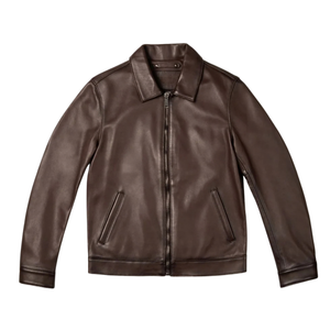 <b>Mens</b> Dark Brown Genuine Leather Streetwear Jacket <b>Shirt</b> Collar Zip Front Slim Fit Minimalist Premium Casual OEM <b>Winter</b> Outerwear - Product Image 3
